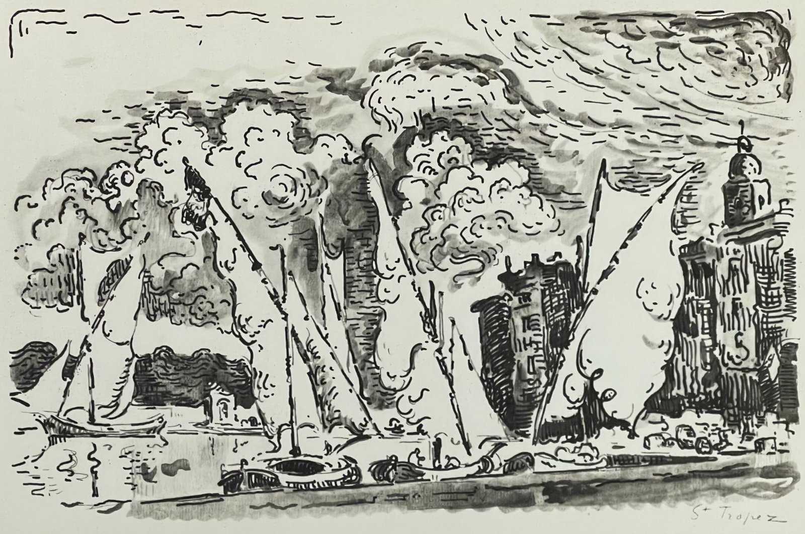 Paul Signac, St-Tropez, Signac Dessins, Limited Edition Lithograph: Lithograph on velin de Lana paper. Paper size: 9.75 x 12.5 inches. Excellent condition. Inscription: Unsigned and unnumbered, as issued. Notes: From the album, Signac Dessins, 1950. Published by Georg