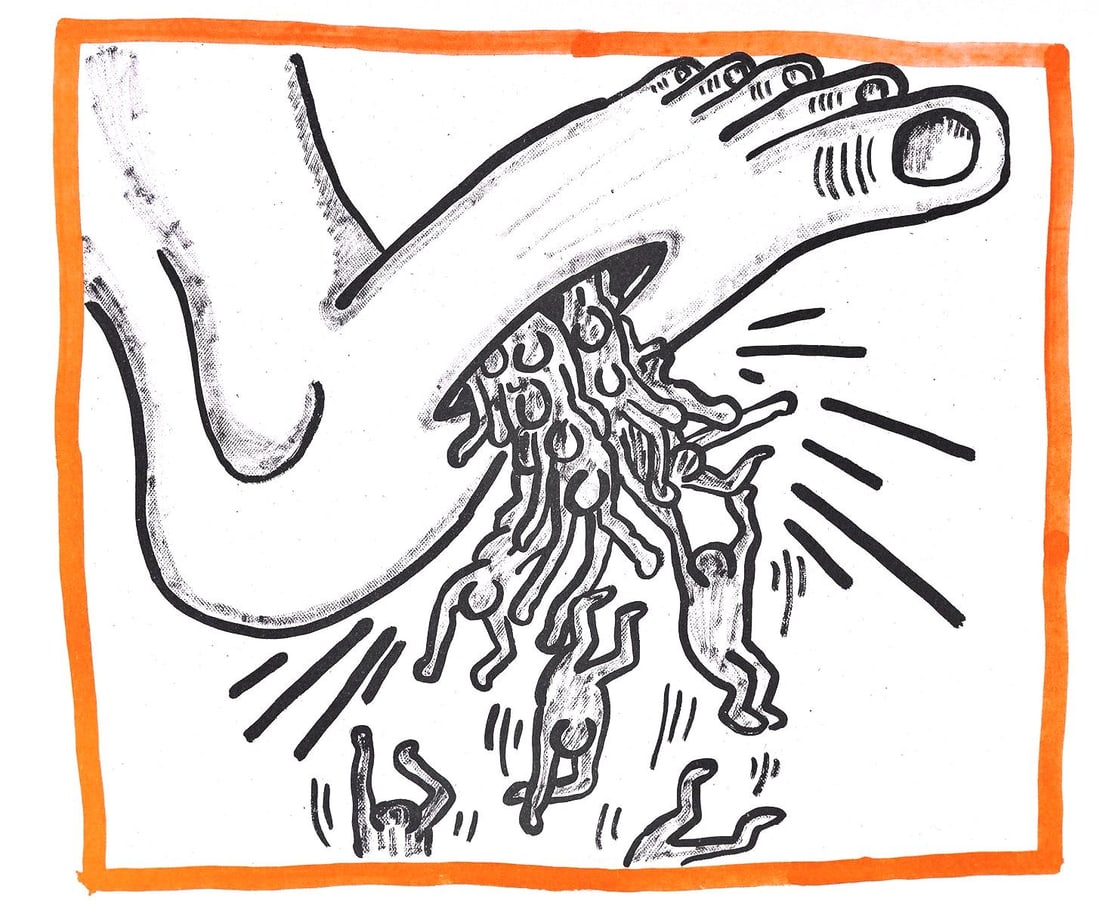 Keith Haring, Composition, Against All Odds, Limited Edition Lithograph: Lithograph on acid-free Rivoli paper. Paper Size: 8.5 x 10.3 inches. Inscription: Unsigned and unnumbered, as issued. Condition: Very good/excellent, consistent with age. Notes: From the album,