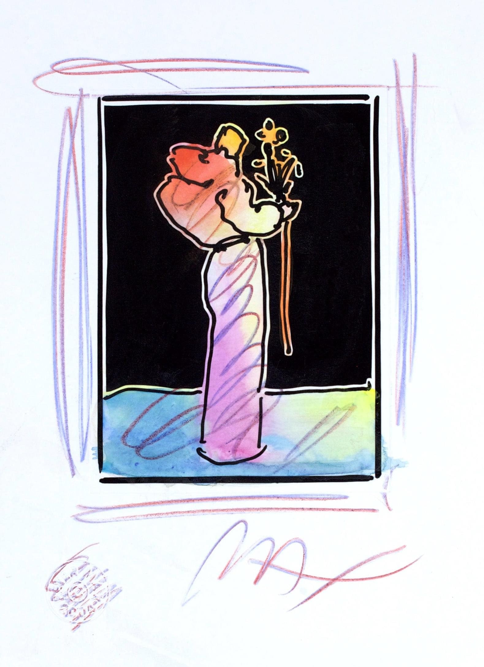 Peter Max, Sage with Flowers, Black and White Series, Hand Signed, Official Edition Mixed Media: Lithograph in colors, watercolor, colored pencil on Lustro Saxony paper. Paper size: 8.25 x 6 inches. Inscription: Hand signed by Peter Max and unnumbered, as issued. Condition: Excellent. Notes: Publ