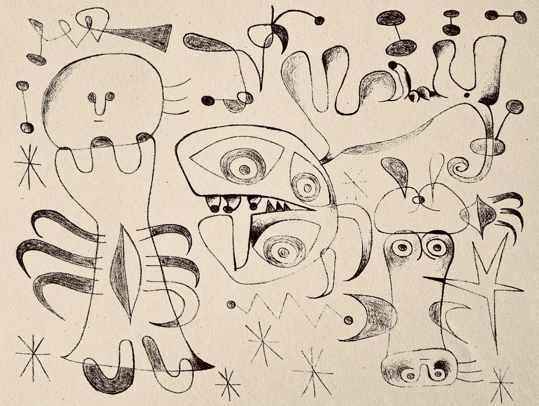 Joan Miro, Composition, The Prints of Joan Miro, Limited Edition Etching: Etching on velin paper. Inscription: Unsigned and unnumbered, as issued. Paper Size: 8.5 x 11 inches. Excellent condition. Notes: From the folio, The Prints of Joan Miro, Fall, 1947. Published by Curt