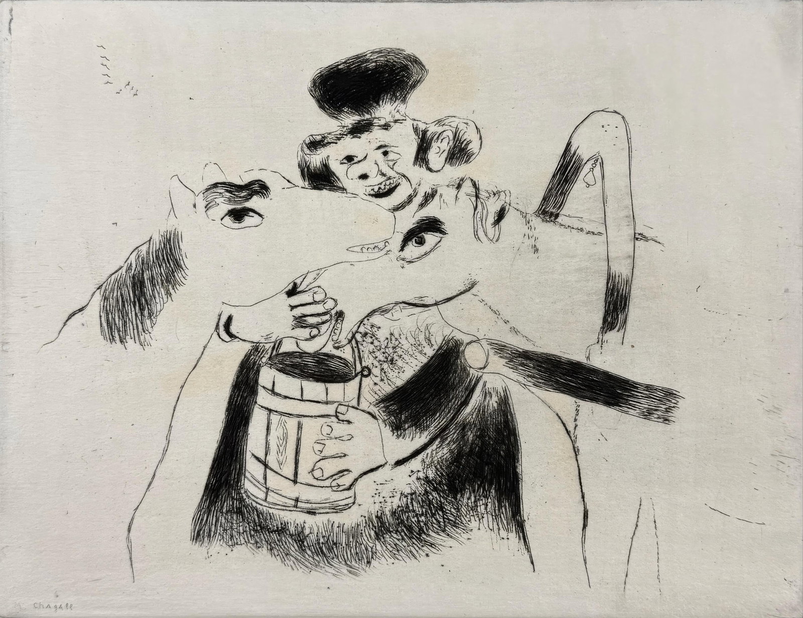 Marc Chagall, The Appearance of the Policemen, from Dead Souls, Limited Edition Etching, 1923-1927: This exquisite etching by Marc Chagall (1887-1985), titled Le cocher donne a manger aux chevaux (The Coachman Feeds the Horses), originates from the celebrated folio Nicolas Gogol, Les Ames mortes, Ea