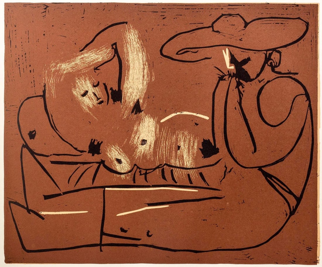 Pablo Picasso, Femme couchee et homme (Orozco 214), Grabados al linoleo, Limited Edition Linocut: Linocut on velin paper. Paper Size: 12.5 x 14.5 inches; image size: 10.5 x 12.75 inches. Inscription: Unsigned and unnumbered, as issued. Catalogue raisonne reference: Orozco, M. (2018). Picasso. 70 y