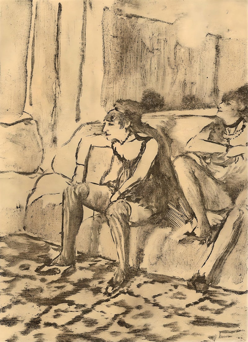 Edgar Degas, Deux Femmes, E. Degas Monotypes, Limited Edition Monotype: Engraving on velin du Marais paper. Unsigned and unnumbered, as issued. Paper Size: 12.25 x 9.125 inches. Excellent condition. Notes: From the volume, E. Degas Monotypes, 1948. Published by Quatre Che