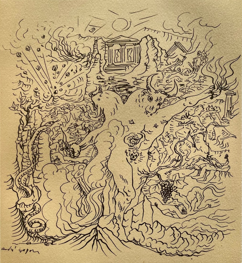 Andre Masson, La Grece tragique, Masson Dessins, Limited Edition Lithograph: Lithograph on velin du Lana Papiers Speciaux paper. Inscription: unsigned and unnumbered. Paper Size: 12.5 x 9.75 inches. Excellent condition. Notes: From the volume, Masson Dessins, 1951. Published b