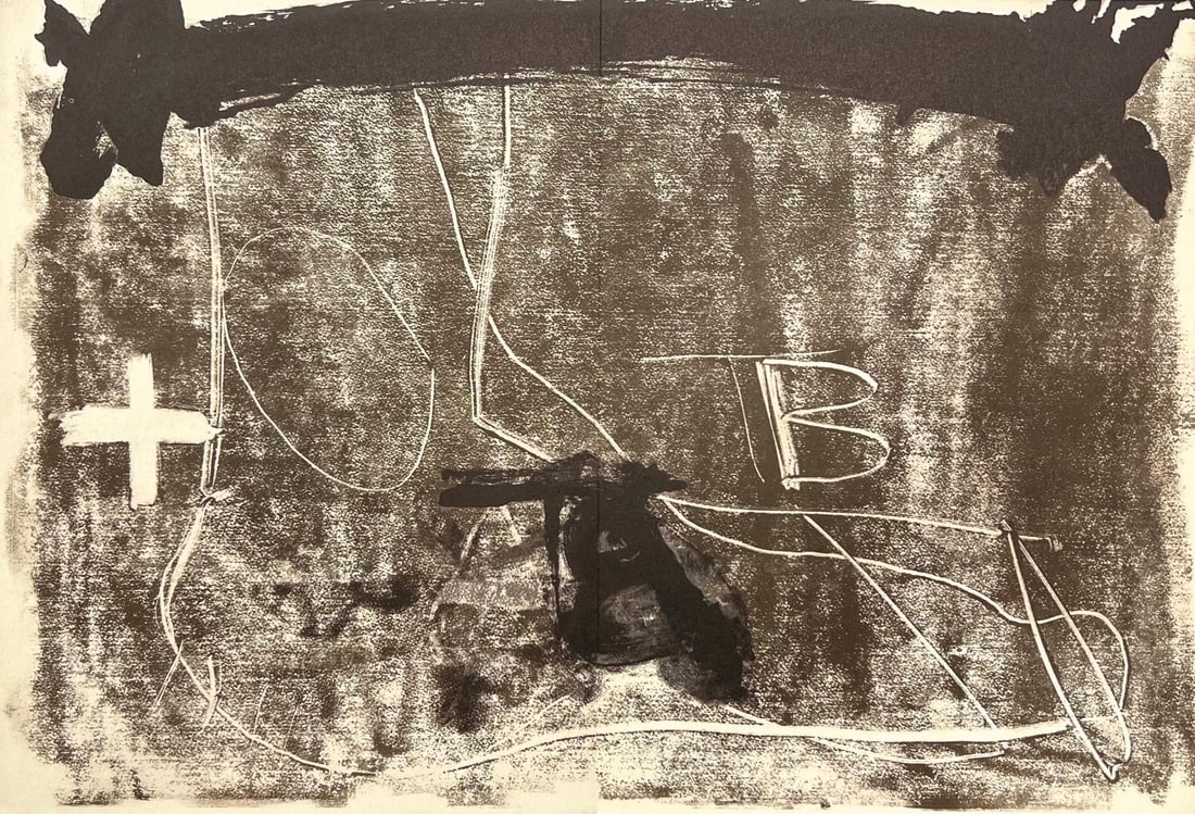Antoni Tapies, Composition, Derriere le miroir, Limited Edition Lithograph: Lithograph on velin paper. Paper size: 15 x 22 inches. Excellent condition, with centerfold, as issued. Inscription: Unsigned and unnumbered, as issued. Notes: From Derriere le miroir, N deg 210, 1974