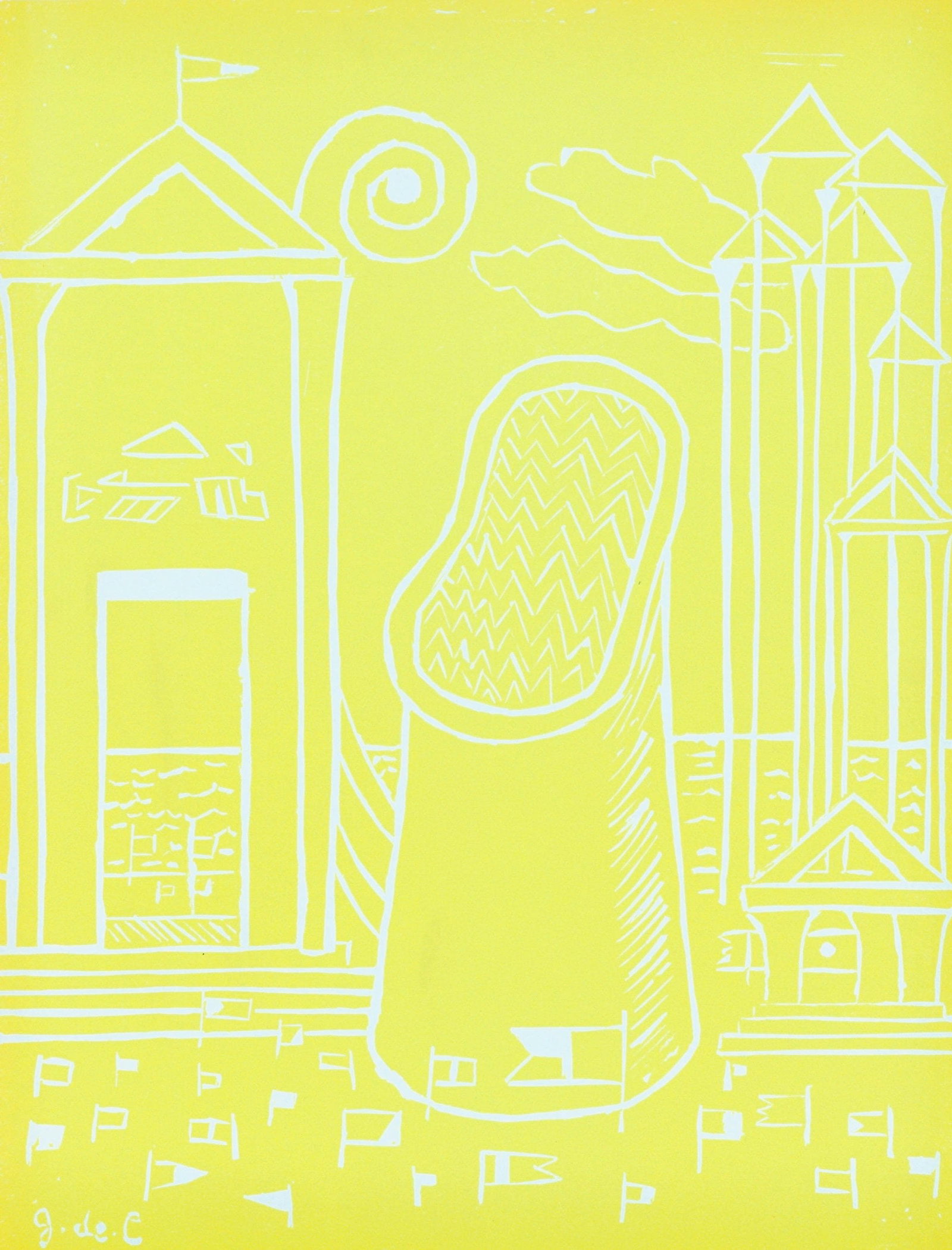 Giorgio De Chirico, Cabina Misteriosa, Societe internationale d'art XXe siecle, Limited Edition: Linocut on velin paper. Paper Size: 12.4 x 9.65 inches. Inscription: Signed in the plate and unnumbered, as issued. Notes: From the album, XXe siecle, Chroniques du jour, 13 rue Valette (5e),