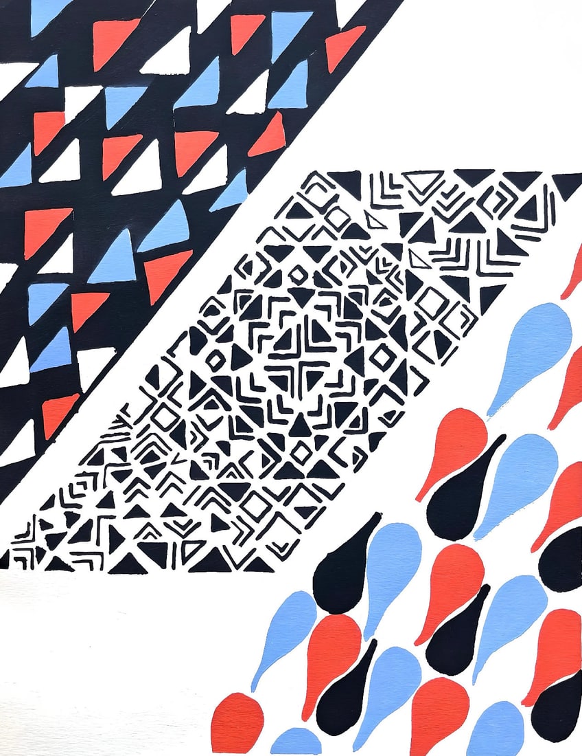 Sonia Delaunay, Planche No. 17, Compositions, couleurs, idees: Sonia Delaunay, Limited Edition: Colour stencil with dense gouache inks on velin paper. Unsigned and unnumbered with printed title-heading designed by Delaunay, upper left, as issued. Paper Size: 12.625 x 9.625 inches. Excellent