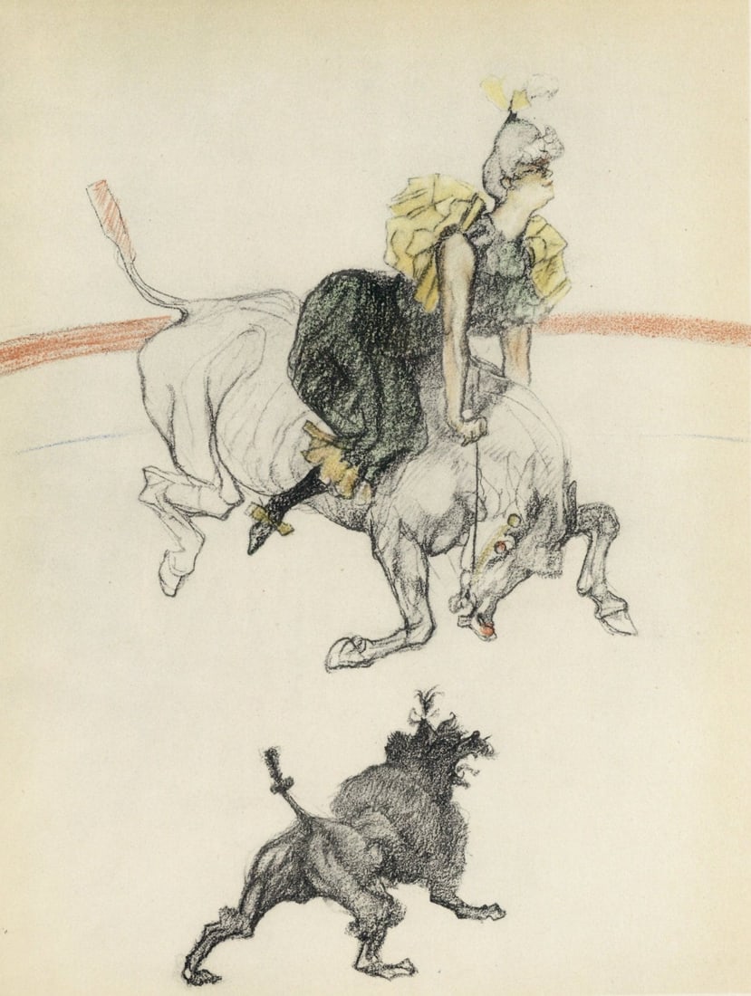 Henri de Toulouse-Lautrec, Dans les coulisses, The Circus by Toulouse-Lautrec, Limited Edition: Lithograph on velin paper. Unsigned and unnumbered. Paper Size: 12.125 x 9.25 inches. Excellent condition. Notes: From the album, The Circus by Toulouse-Lautrec, 1952. Published the Paris Book