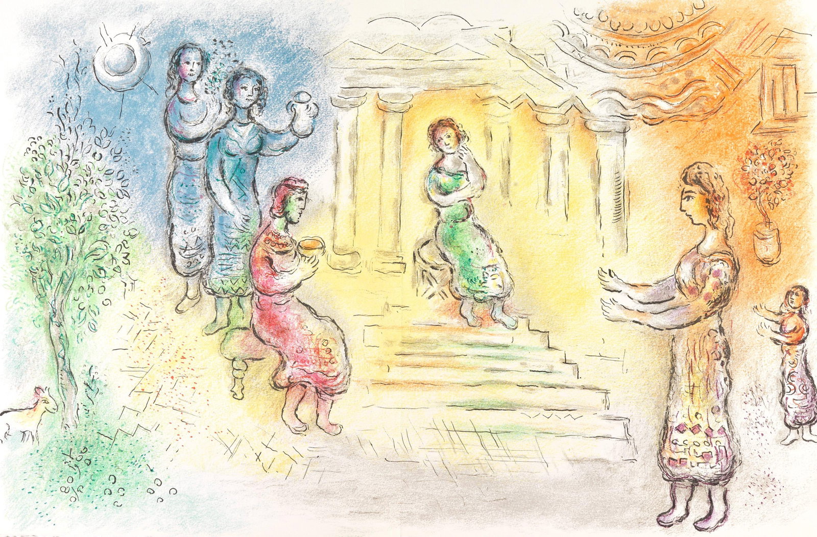 Marc Chagall, Odysseus bei Alkinoos, Homer, Die Odyssee, Limited Edition Lithograph: Lithograph on 250 g/m2 Butten Papierwerke Miliani AG, Fabriano paper. Paper Size: 14.88 x 23.38 inches, with centerfold, as issued. Inscription: Unsigned and unnumbered, as issued. Condition: Very goo