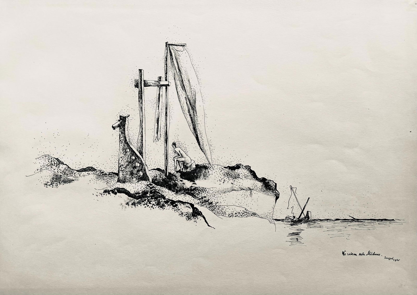 Jean Lurcat, le radeau de la meduse, huit dessins a la plume, Limited Edition Lithograph: Lithograph on velin paper. Paper size: 12.625 x 17.625 inches. Excellent condition. Inscription: Unsigned and unnumbered, as issued. Notes: From the album, Jean Lurcat huit dessins a la plume reprodui