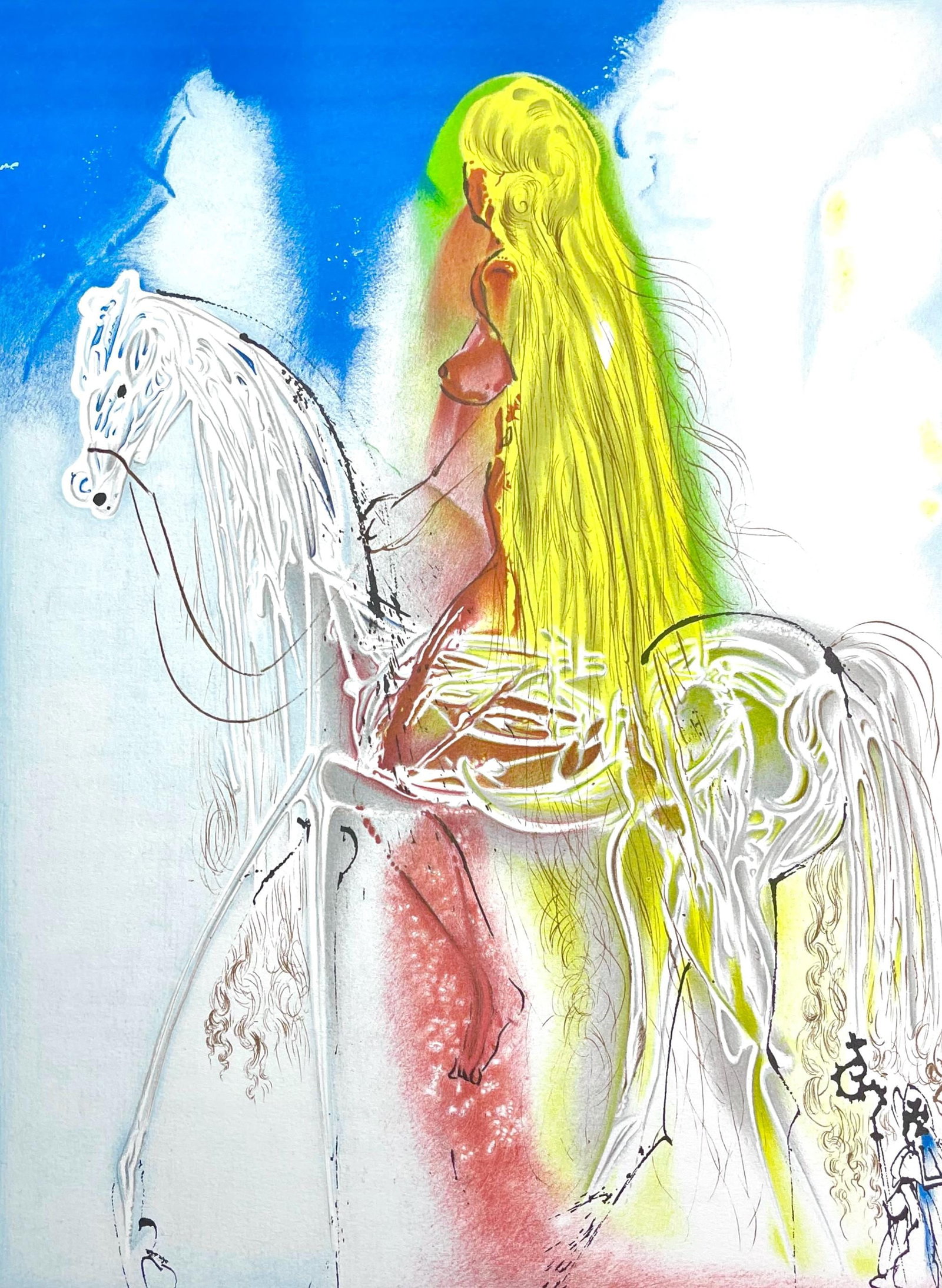 Salvador Dali, Dame Godiva, Les Chevaux de Dali, Fac-simile Signed, Limited Edition Lithograph: Lithograph in colors on pur chiffon velin d'Arches paper. Paper size: 22.24 x 14.37 inches. Inscription: Fac-simile signed and unnumbered, as issued. Condition: Very good/excellent, consistent with ag