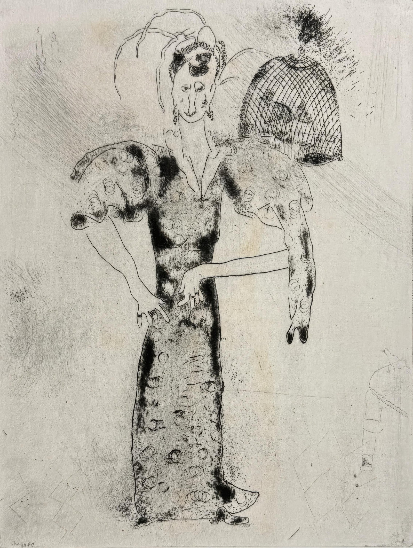 Marc Chagall, Mrs. Sobakevitch, from Dead Souls, Limited Edition Etching, 1923-1927: This exquisite etching by Marc Chagall (1887-1985), titled Madame Sobakevitch (Mrs. Sobakevitch), originates from the celebrated folio Nicolas Gogol, Les Ames mortes, Eaux-fortes originales de Marc Ch