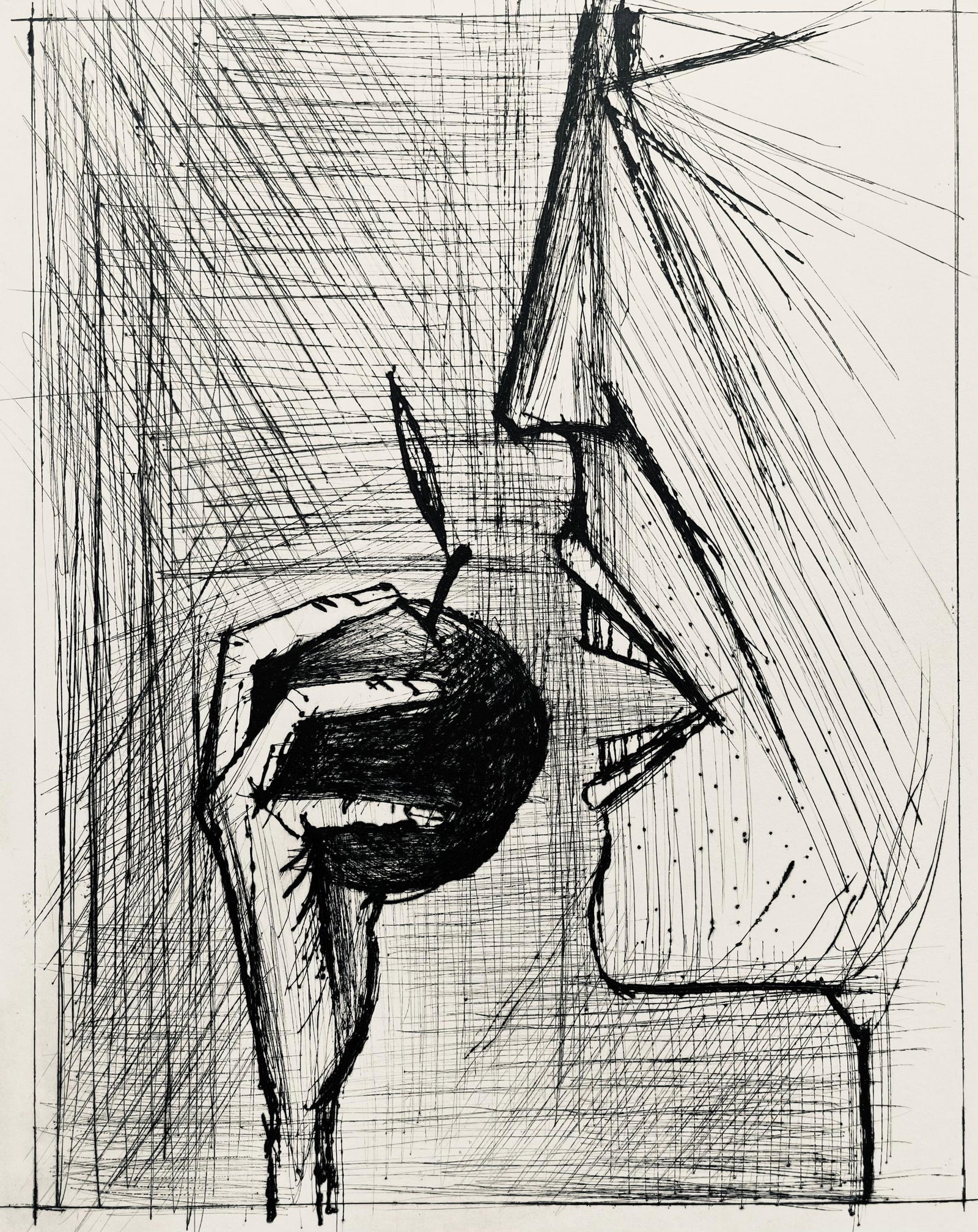 Bernard Buffet, Composition (Reinz 208-222), Voyages Fantastiques, Limited Edition Etching: Drypoint etching on papier de Rives B.F.K. pur fil paper. Paper size: 16.125 x 12.875 inches. Excellent condition. Unsigned and unnumbered, as issued. Notes: From the folio, Voyages fantastiques aux E