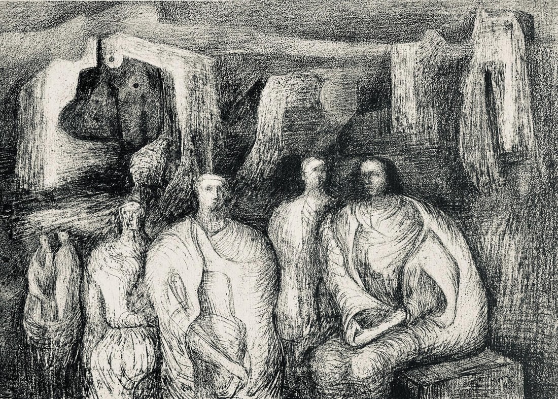 Henry Moore, Figures against an Architectural Background, The Drawings of Henry Moore, Limited: Lithograph on velin paper. Paper size: 12.5 x 13.5 inches. Excellent condition. Unsigned and unnumbered, as issued. Notes: From the folio, The Drawings of Henry Moore, 1946. Published by Curt