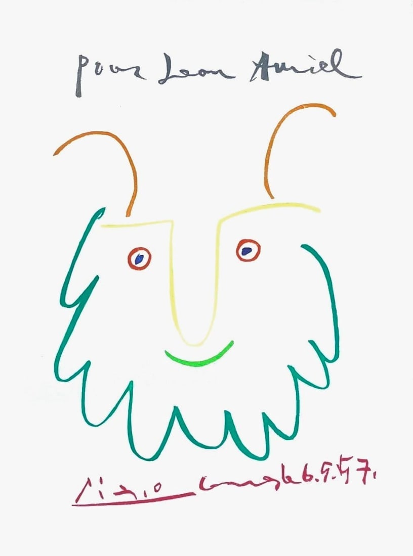 Pablo Picasso, Pour Leon Amiel, Limited Edition Etching: Etching in colors on velin d'Arches paper. Paper Size: 26 x 20 inches; 9.5 x 7 inches, image size. Inscription: Signed in the plate and unnumbered, as issued. Condition: Excellent. Notes: Published an