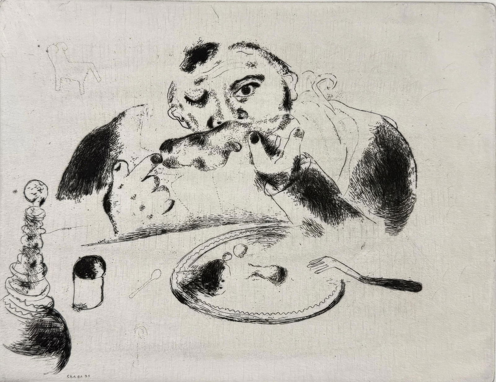 Marc Chagall, Sobakevitch at the Table, from Dead Souls, Limited Edition Etching, 1923-1927: This exquisite etching by Marc Chagall (1887-1985), titled Sobakevitch a table (Sobakevitch at the Table), originates from the celebrated folio Nicolas Gogol, Les Ames mortes, Eaux-fortes originales d
