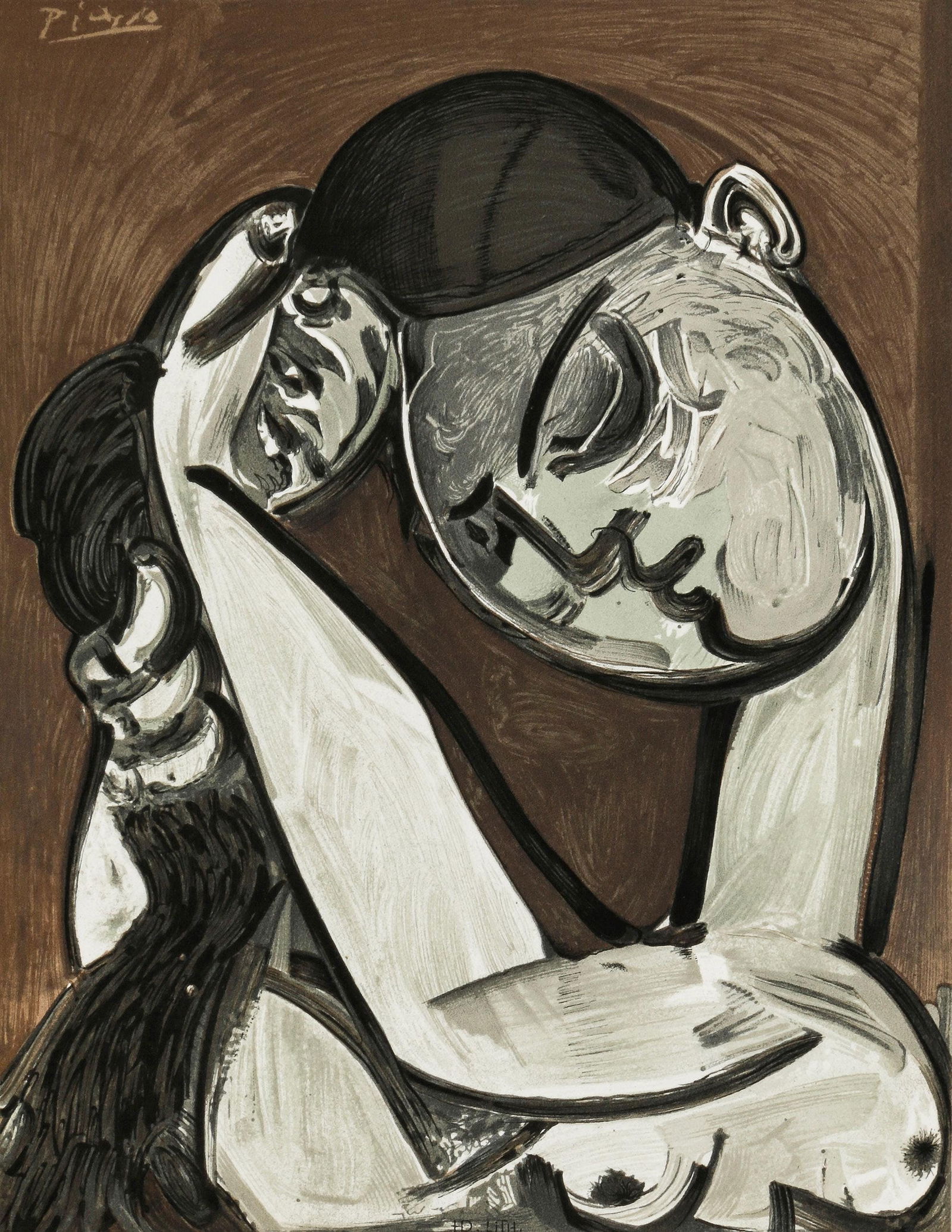 Pablo Picasso, Femme se coiffante, XXe siecle, Limited Edition Lithograph: Lithograph and stencil on velin paper. Paper Size: 13.375 x 9.5 inches. Excellent condition. Inscription: Unsigned and unnumbered, as issued. Notes: From the volume, XXe Siecle: N deg7, 1956. Publishe