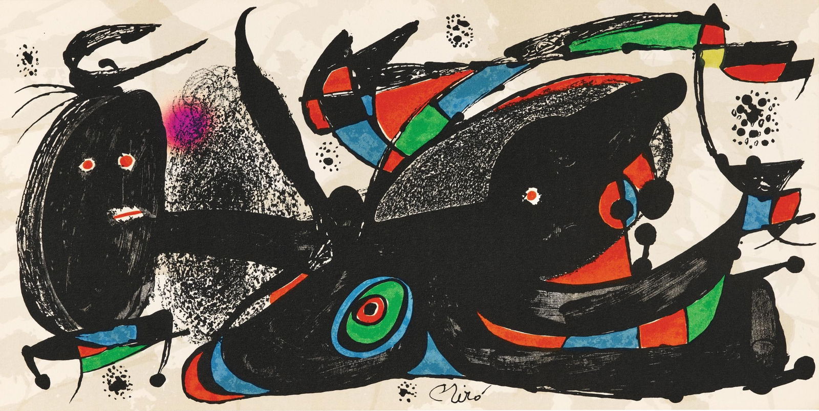 Joan Miro, Composition (Cramer 225; Mourlot 940), Limited Edition Lithograph: Lithograph on Guarro velin paper. Paper Size: 7.9 x 15.7 inches. Excellent condition. Inscription: Unsigned and unnumbered, as issued. Notes: Published by Ediciones Poligrafa, S.A., Barcelona; printed