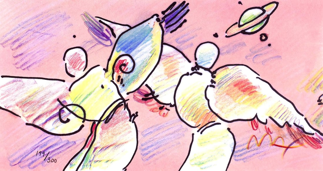 Peter Max, Space Angels, Hand Signed, Official Limited Edition Lithograph: Lithograph in colors on Coventry Smooth paper. Paper size: 6.5 x 12 inches. Inscription: Hand signed by Peter Max and numbered, as issued. Condition: Excellent. Notes: Published and printed by Via