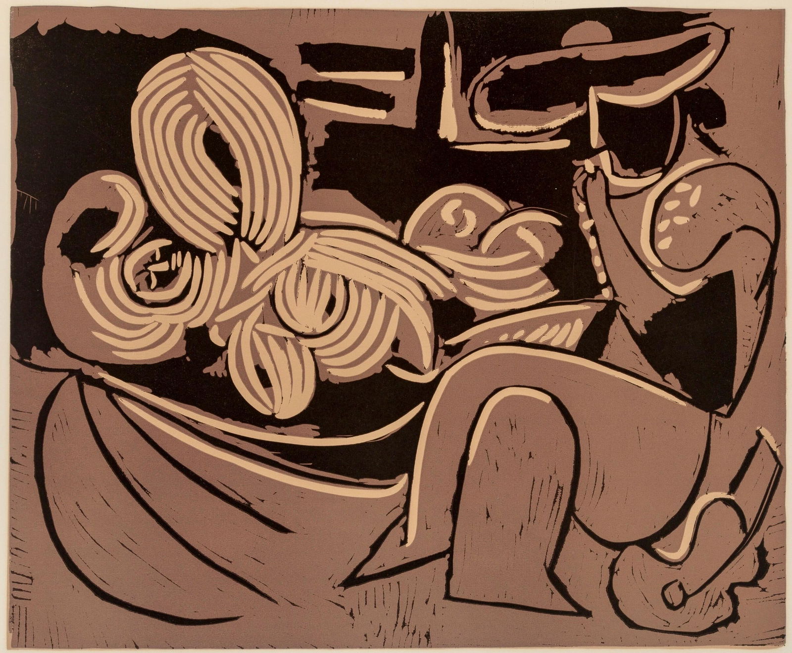 Pablo Picasso, Femme couchee et homme (Orozco 214), Grabados al linoleo, Limited Edition Linocut (1 of 4)