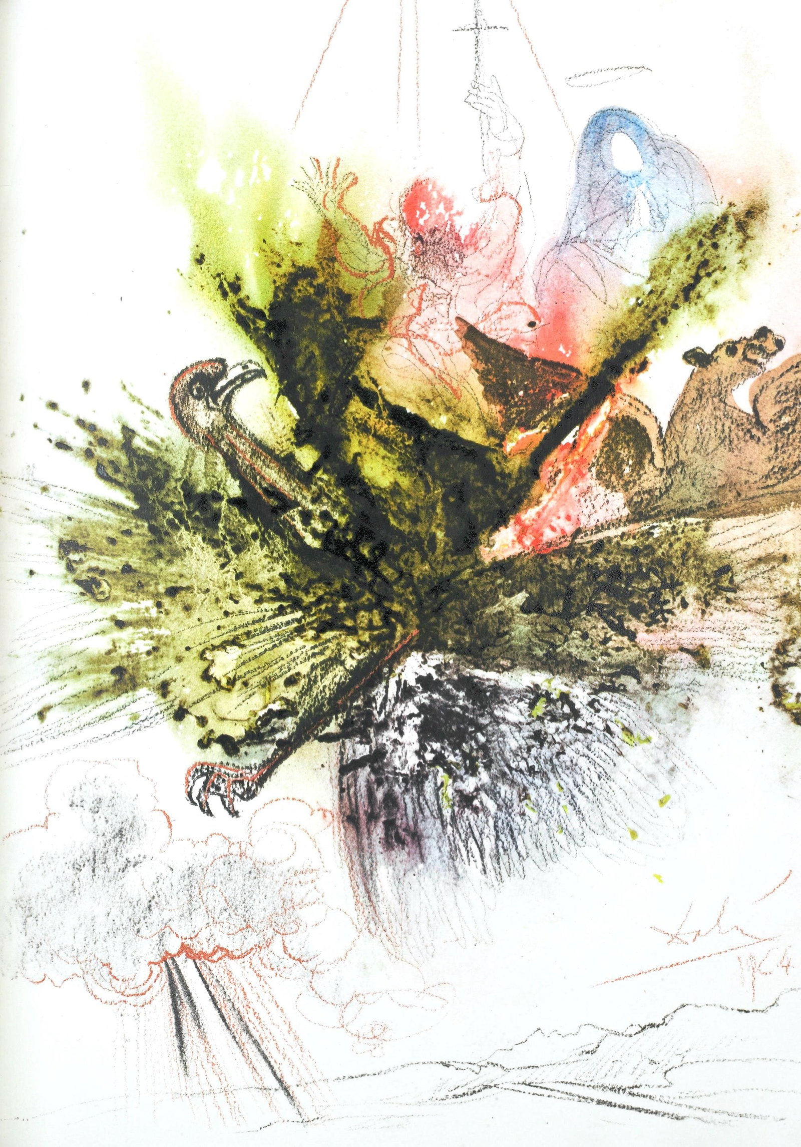 Salvador Dali, Composition (Michler/Lopsinger 1600; Field 69-3), Biblia Sacra, Limited Edition: Lithograph in colors on velin Fabriano charta ex meris pannis "ab alveo" manu fabricata, perlucidis figuris intexta paper. Paper size: 19 x 13.75 inches. Inscription: Signed in the plate and unnumbere