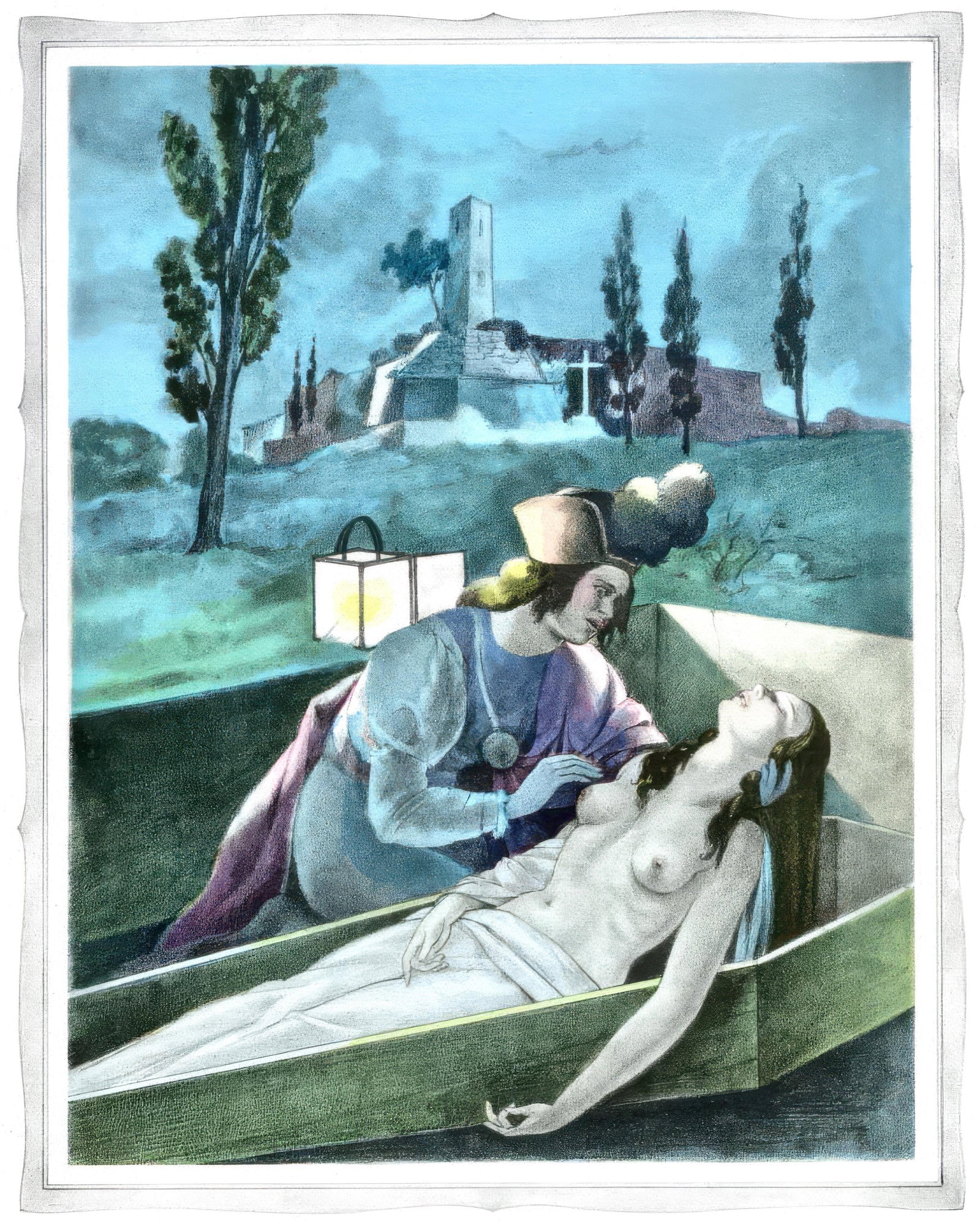 Umberto Brunelleschi, Untitled, from The Tales of Boccaccio, Limited Edition Lithograph and Pochoir,: This exquisite lithograph and pochoir by Umberto Brunelleschi (1879-1949), titled Sans titre (Untitled), originates from the celebrated album Les contes de Boccace (The Tales of Boccaccio), published