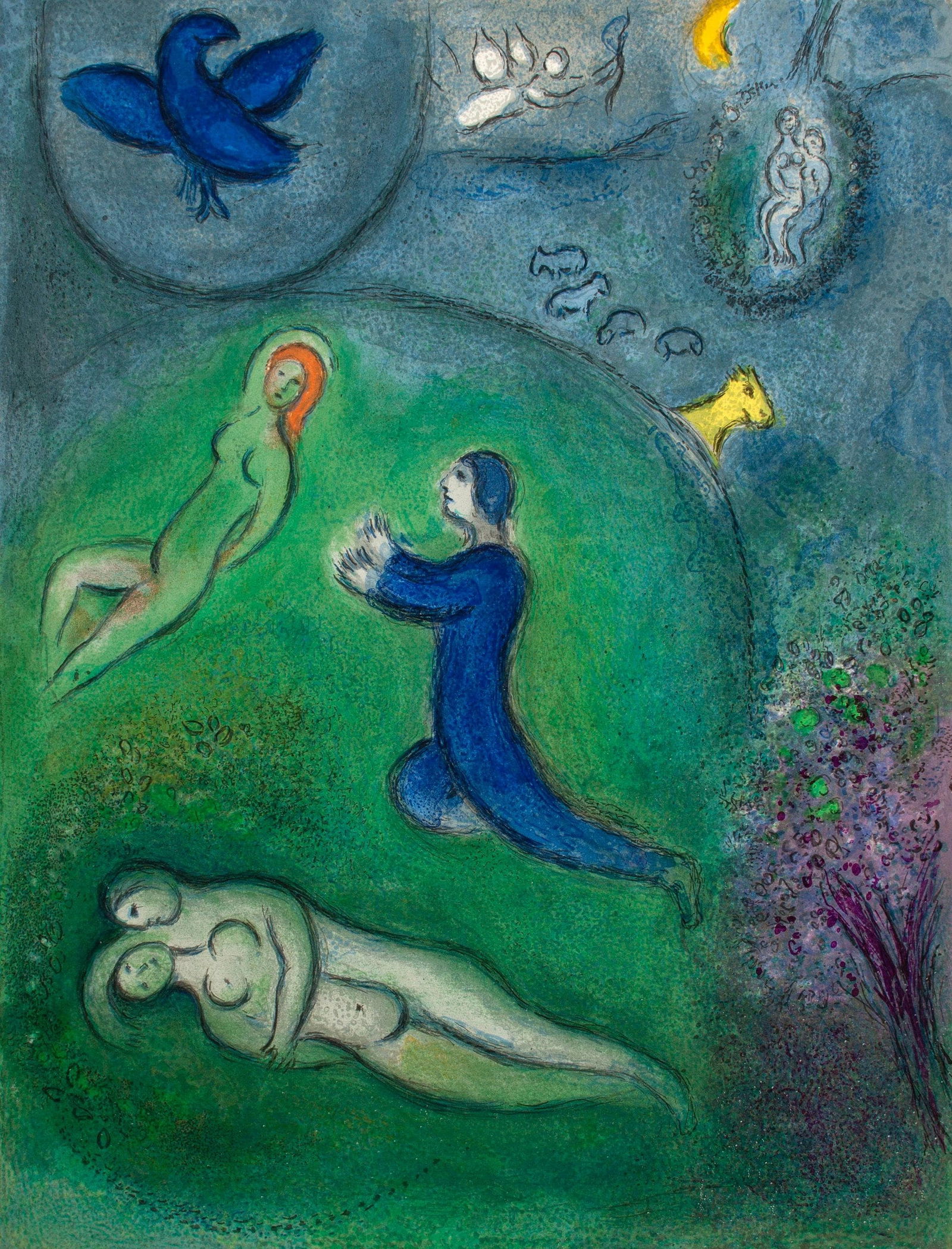 Marc Chagall, Daphnis et Lycenion, Daphnis et Chloe, Limited Edition Heliogravure: Heliogravure on velin paper. Paper Size: 12.5 x 9.5 inches. Inscription: Unsigned and unnumbered, as issued. Condition: Very good/excellent, consistent with age. Notes: From the album, Daphnis and Chl
