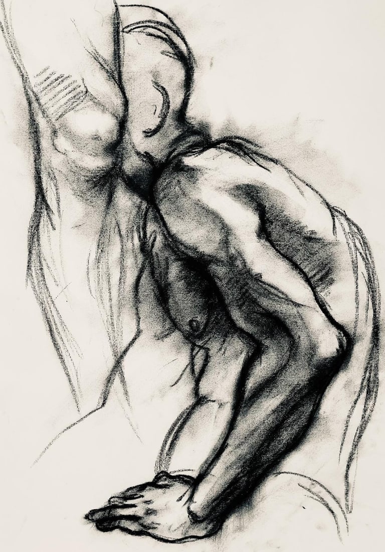 Ian Hornak, Renaissance Male Nude Figure Study, 1963, Original Drawing: Charcoal on velin Strathmore paper, circa 1963. Paper Size: 23 x 18 inches. Good condition, consistent with age. Inscription: Unsigned, Estate stamped, verso. Provenance: Estate of Ian Hornak, East Ha