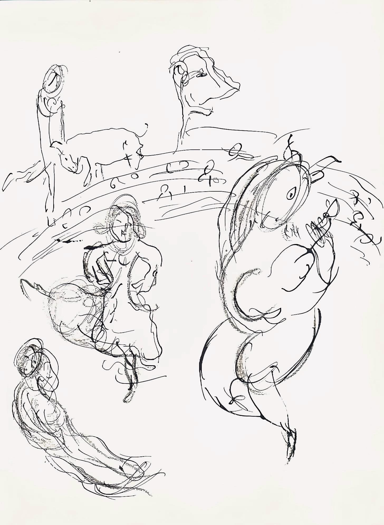 Marc Chagall, Composition (Cramer 61), Le Plafond de l'Opera de Paris, Limited Edition Lithograph: Lithograph on velin paper. Paper size: 12.75 x 9.5 inches. Excellent condition. Inscription: unsigned and unnumbered, as issued. Notes: From the volume, Le Plafond de l'Opera de Paris, par Marc Chagal