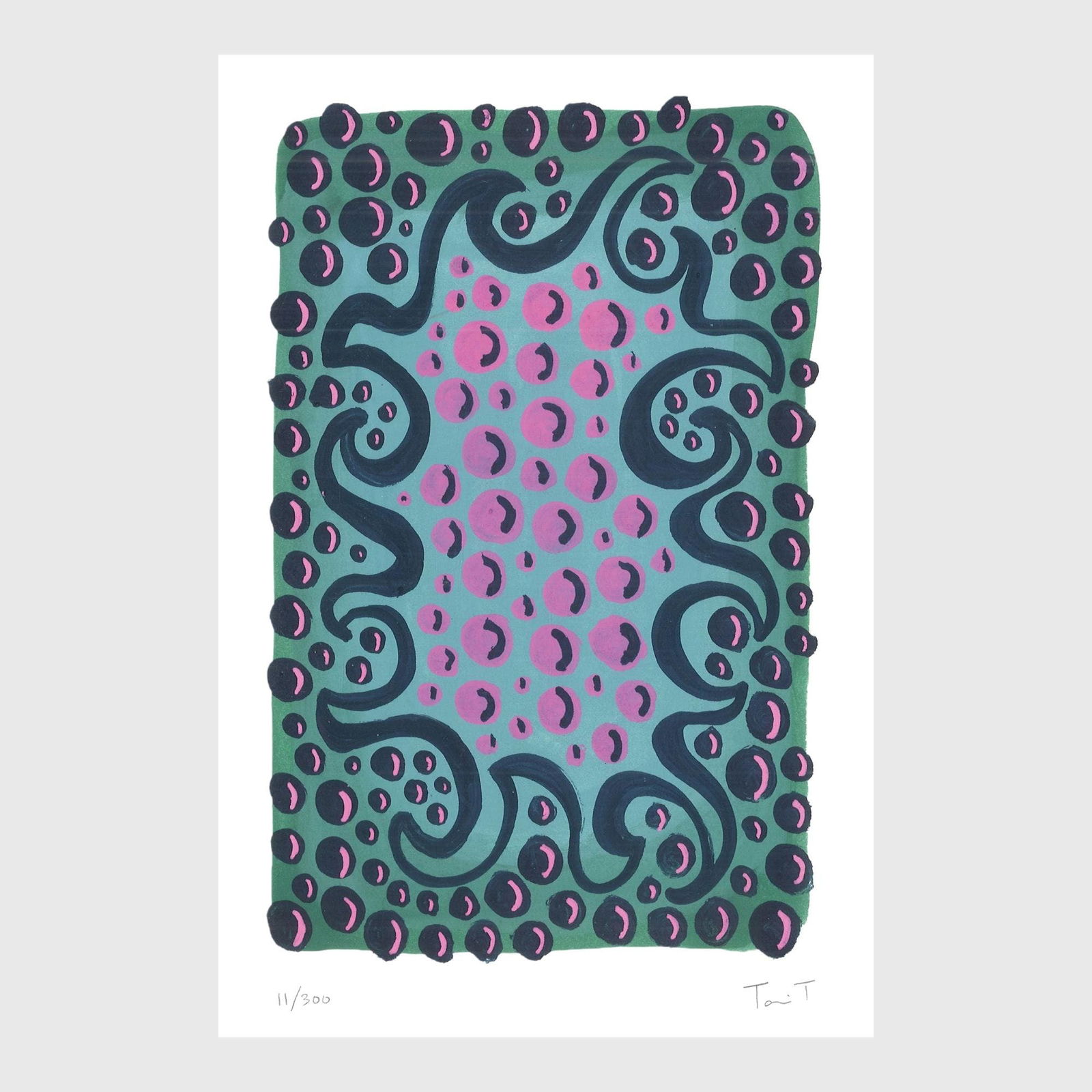 Forest Green Drops with Pink Dots: Artist: Tanvi Thakur (1996) Title: Forest Green Drops with Pink Dots, Drops With Dots Series Year: 2025 Medium: Archival Pigment Print on Paper Edition: 300 Size: 8 x 12 inches Inscription: Signed and