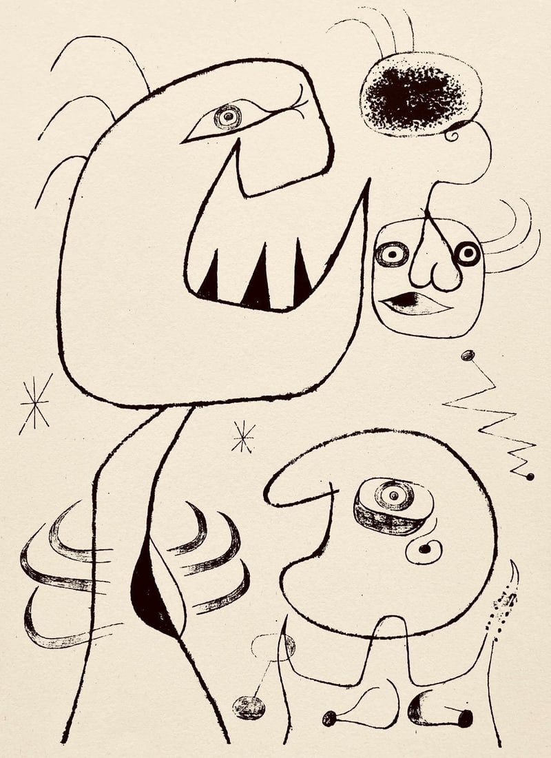 Joan Miro, Composition, The Prints of Joan Miro, Limited Edition Etching: Etching on velin paper. Inscription: Unsigned and unnumbered, as issued. Paper Size: 11 x 8.5 inches. Excellent condition. Notes: From the folio, The Prints of Joan Miro, Fall, 1947. Published by Curt