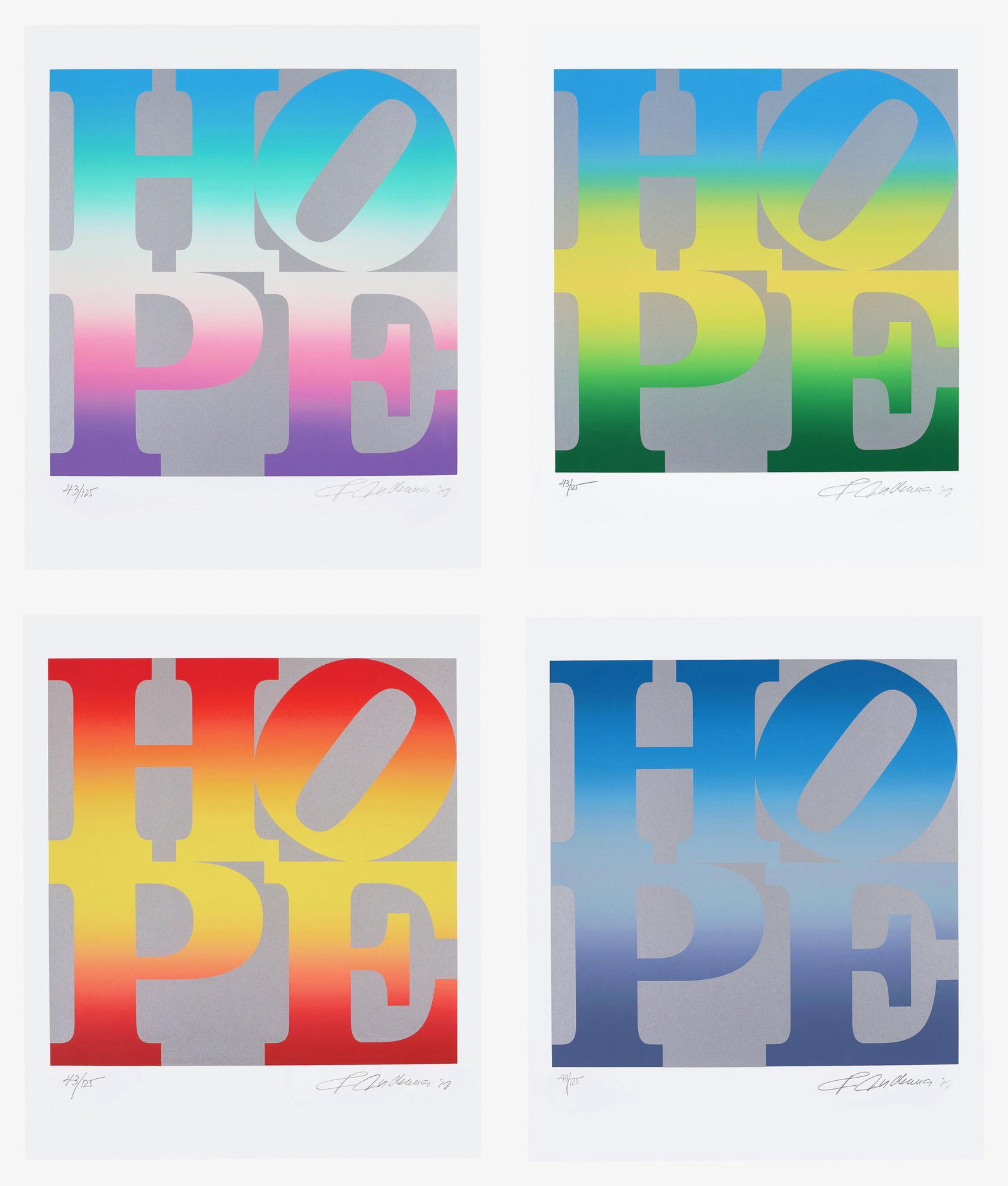 Robert Indiana, Four Seasons of HOPE, Suite of Four, Limited Edition Silkscreens: Suite of four silkscreens on Legion Coventry Rag paper. Paper Size: 26 x 26 inches, each. Excellent condition. Inscription: Signed in pencil with autopen, dated, and numbered, as issued. Notes: From t