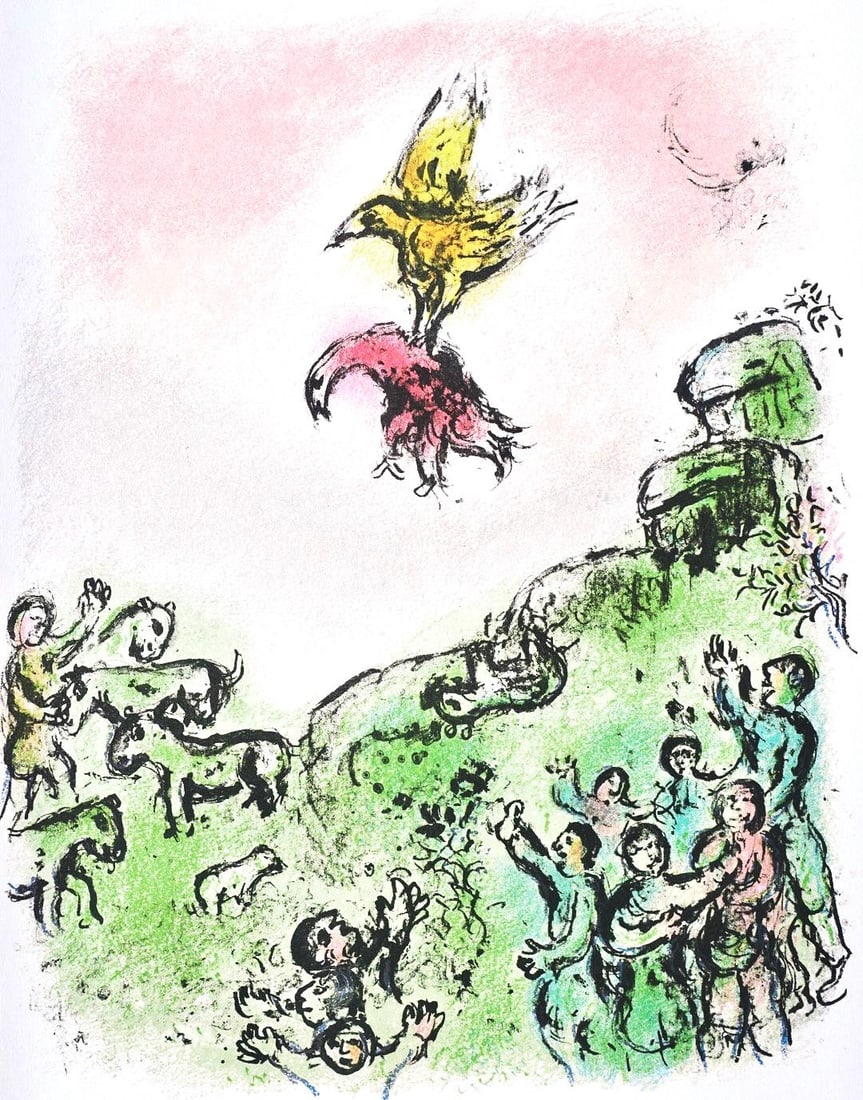 Marc Chagall, Das Vorzeichen, Der Habicht und die Taube, Homer, Die Odyssee, Limited Edition: Lithograph on 250 g/m2 Butten Papierwerke Miliani AG, Fabriano paper. Paper Size: 14.88 x 11.69 inches. Inscription: Unsigned and unnumbered, as issued. Condition: Very good/excellent, consistent with