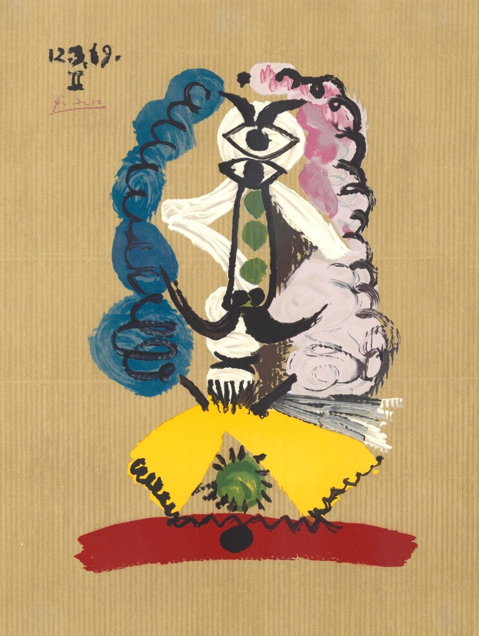 Pablo Picasso, Composition (Orozco 207-261), Vingt-Neuf Portraits Imaginaires, Limited Edition: Lithograph on velin d'Arches paper. Paper size: 25.75 x 19.625 inches. Excellent condition. Signed in the plate, as issued. Notes: From the folio, Picasso, Vingt-Neuf Portraits Imaginaires, 1969. Publ