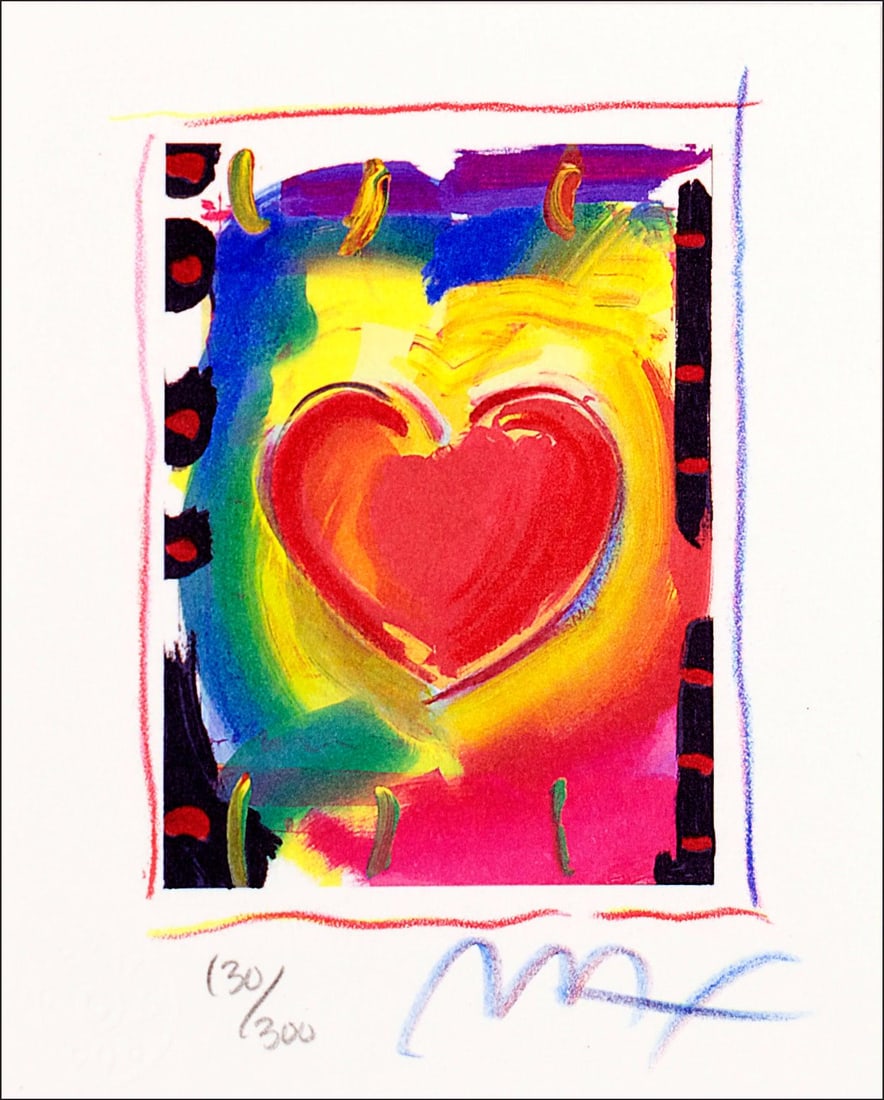 Peter Max, Heart Series I, Hand Signed, Official Limited Edition Lithograph: Lithograph in colors on Coventry Smooth paper. Paper size: 5 x 4 inches. Inscription: Hand signed by Peter Max and numbered, as issued. Condition: Excellent. Notes: Published and printed by Via Max, I