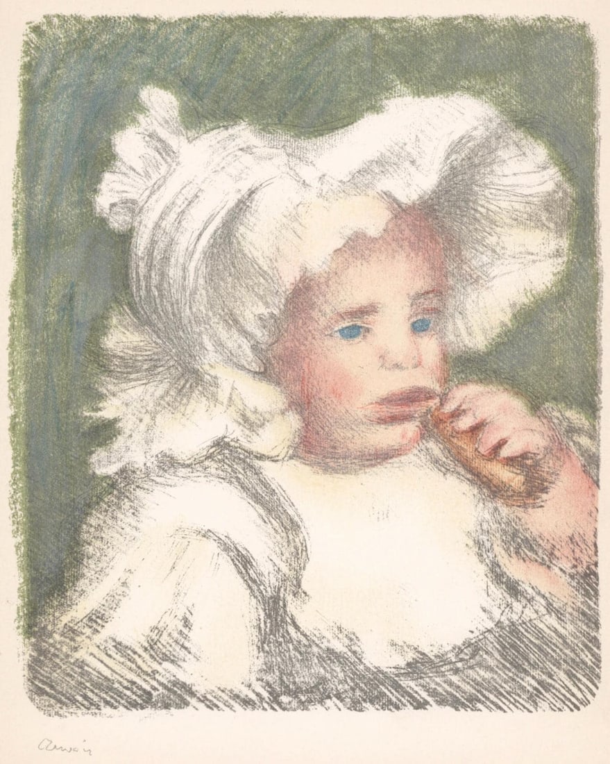 Pierre-Auguste Renoir, L'Enfant au biscuit, Les Lithographies de Renoir, Limited Edition Lithograph: Lithograph on grand velin Renage filigrane a la marque de l'editeur paper. Inscription: Signed in the plate and unnumbered, as issued. Paper Size: 12.5 x 9.5 inches; image size: 11.02 x 8.66 inches. C