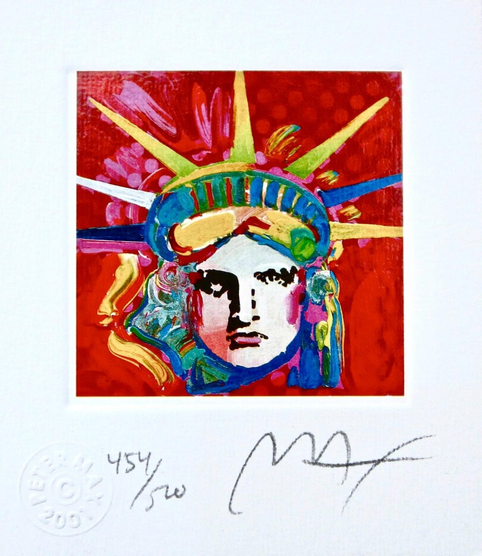 Peter Max, Liberty Head IV, Hand Signed, Official Limited Edition Lithograph: Lithograph in colors on Lustro Saxony paper. Paper size: 3.5 x 3 inches. Inscription: Hand signed by Peter Max and numbered, as issued. Condition: Excellent. Notes: Published and printed by Via Max, I