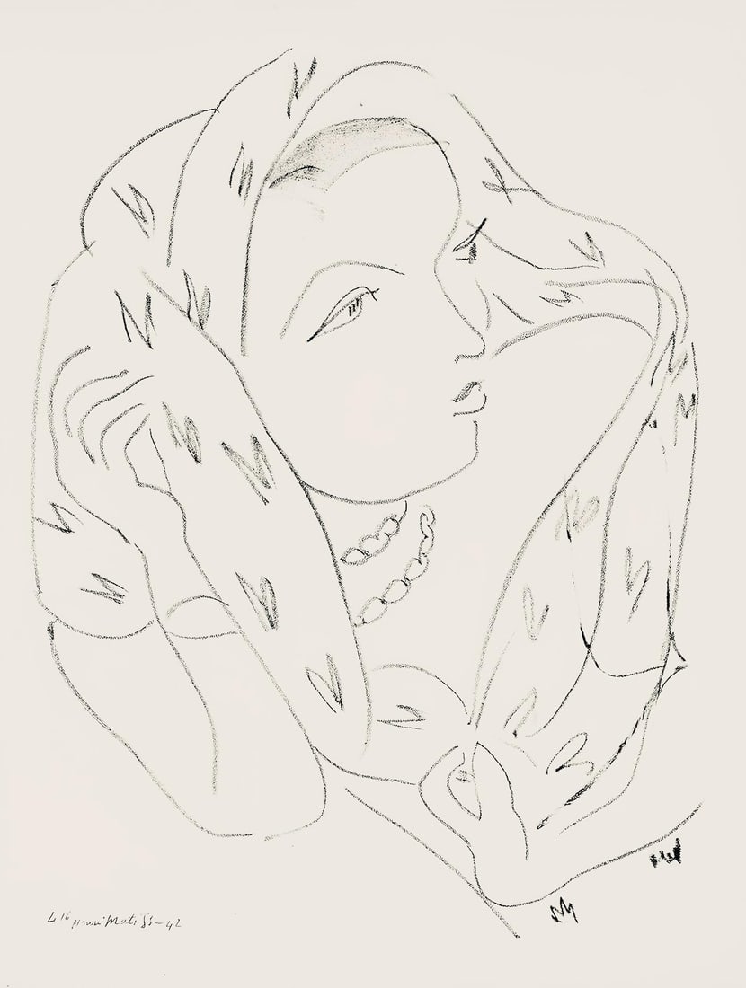Henri Matisse, Serie L, var. 16 (Duthuit 9), Henri Matisse, Dessins, Themes et variations, Limited: Lithograph on velin pur fil paper. Paper Size: 12.875 x 9.625 inches. Excellent condition. Inscription: Signed in the plate and unnumbered, as issued. Notes: From the folio, Henri Matisse, Dessins, Th