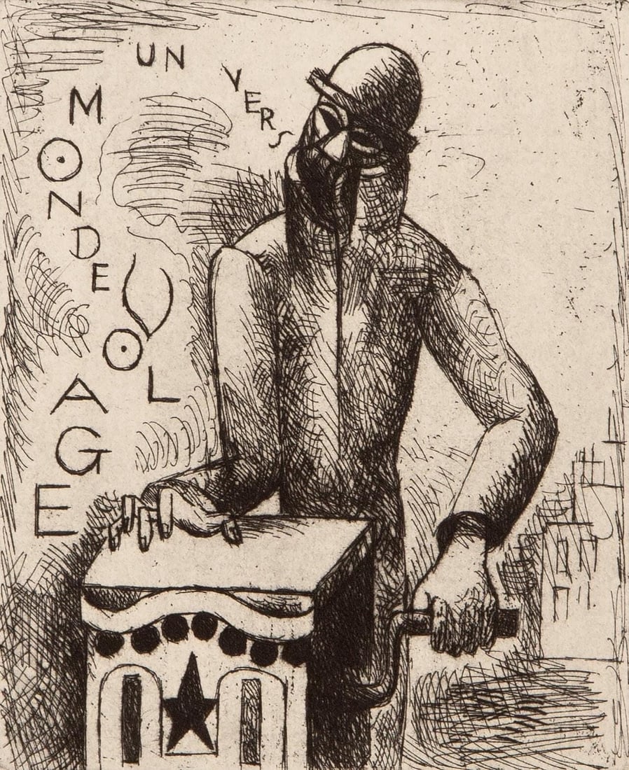 Marcel Gromaire, Composition, Vers un monde volage, Limited Edition Etching: Etching on velin d'Arches paper. Paper size: 11 x 8.75 inches. Excellent condition. Inscription: Unsigned and unnumbered, as issued. Notes: From the album, Vers un monde volage. Illustre de dix eaux-f