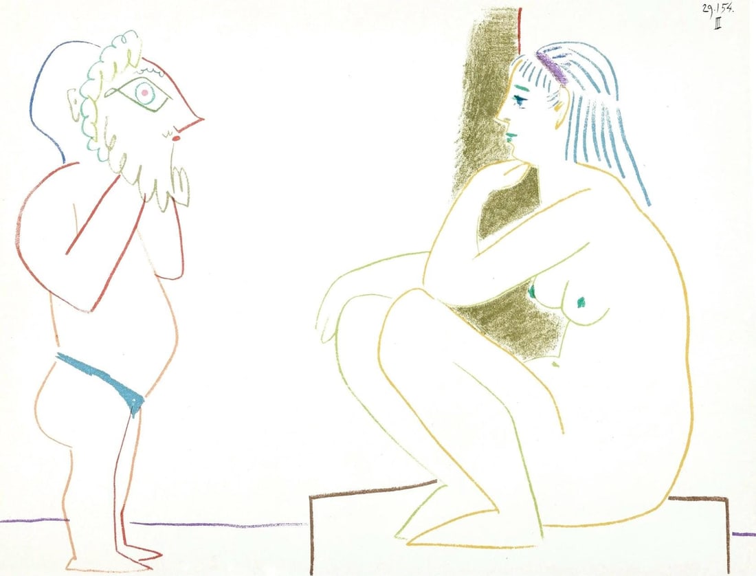 Pablo Picasso, Composition, La Comedie Humaine, Verve, Revue Artistique et Litteraire, Limited: Lithograph on velin des Papeteries du Marais paper. Paper Size: 10.25 x 14 inches. Inscription: Unsigned and unnumbered, as issued. Condition: Very good/excellent, consistent with age. Notes: From the