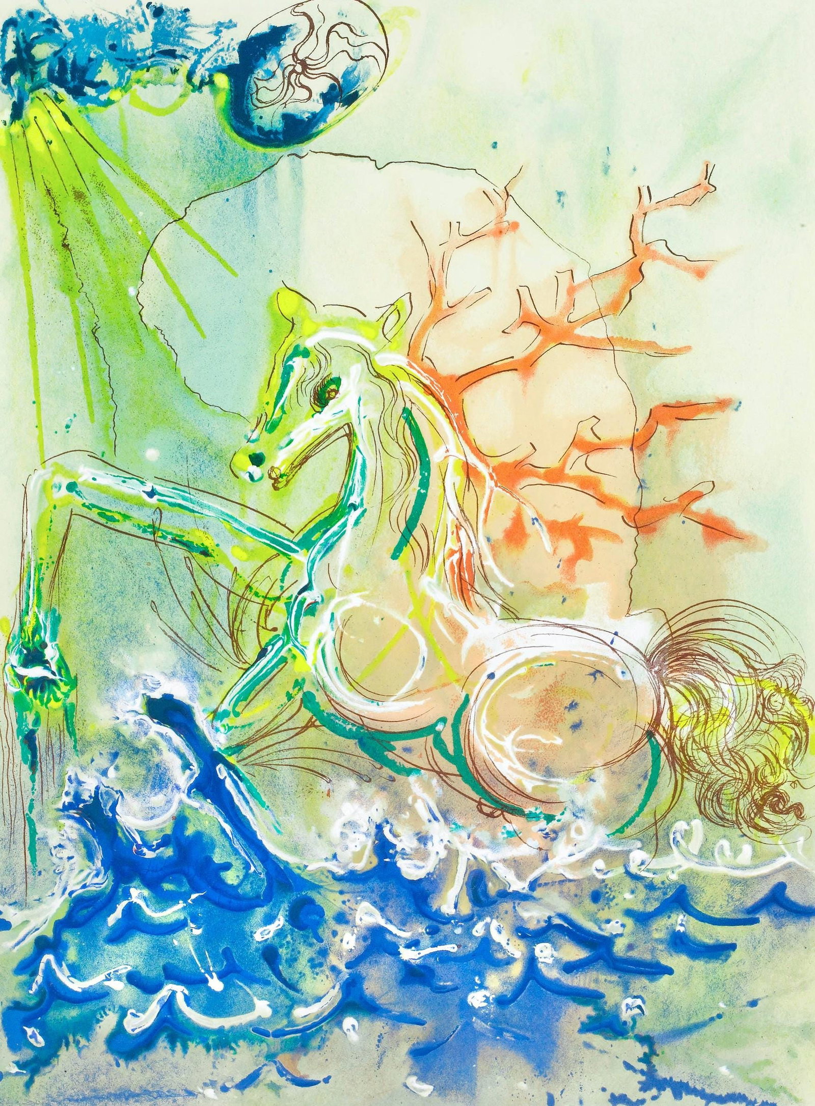Salvador Dali, Le Cheval de Triomphe, Les Chevaux de Dali, Fac-simile Signed, Limited Edition: Lithograph in colors on pur chiffon velin d'Arches paper. Paper size: 22.24 x 14.37 inches. Inscription: Fac-simile signed and unnumbered, as issued. Condition: Very good/excellent, consistent with ag