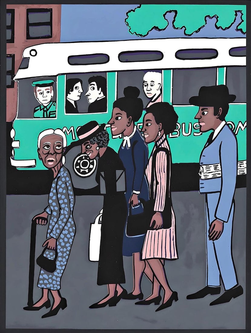 Faith Ringgold, Montgomery Bus Boycott, Letter from Birmingham City Jail, Limited Edition Silkscreen: Silkscreen on velin d'Arches paper. Paper Size: 17.75 x 13.75 inches. Excellent condition. Inscription: Unsigned and unnumbered, as issued. Notes: From the folio, Letter from Birmingham City Jail, 200