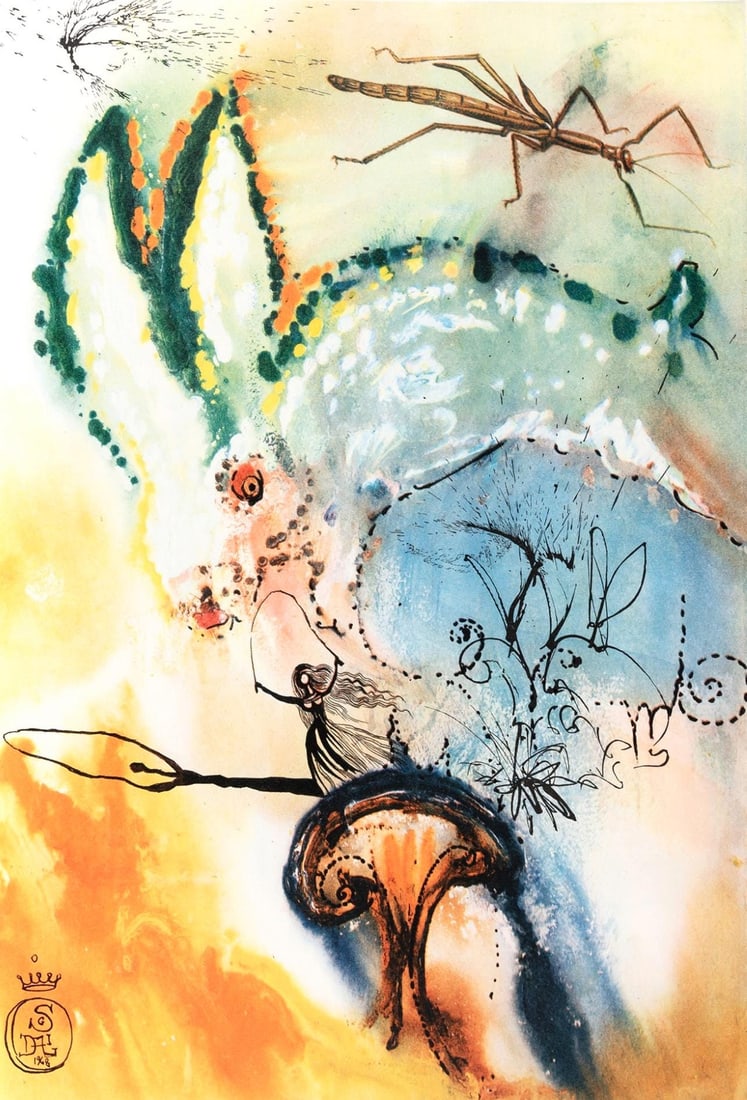 Salvador Dali, Down the Rabbit Hole (Field 69-5, A-M), Alice's Adventures in Wonderland, Limited: Heliogravure on Papeterie de Mandeure velin paper. Paper Size: 16.93 x 11.22 inches. Inscription: Signed in the plate and unnumbered, as issued. Catalogue raisonne references: Dali, Salvador, et al.