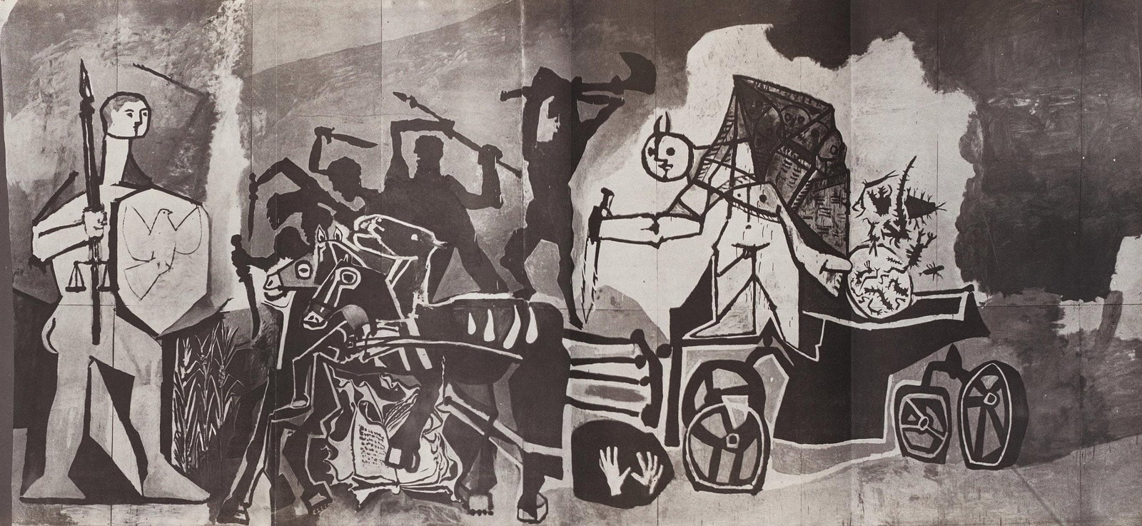 Pablo Picasso, Composition (Cramer 67; Bloch 748; Mourlot 245; Bloch, Books 66), La Guerre et la: Lithograph on velin paper. Paper Size: 14.25 x 31 inches. Excellent condition, with quad-fold, as issued. Inscription: Unsigned and unnumbered, as issued. Notes: From the volume, Picasso, La Guerre