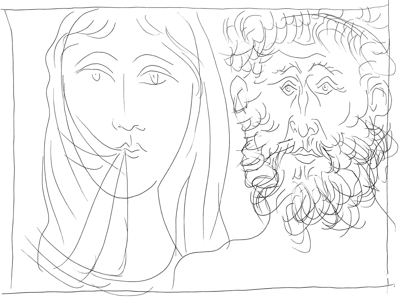 Pablo Picasso, Tete d'un homme et d'une femme voilee, Les Metamorphoses, Limited Edition Lithograph: Lithograph on velin papier Verge fin blanc des papeteries de Bellerive paper. Paper size: 11.02 x 8.66 inches; image size: 4.1 x 5.5 inches. Inscription: Unsigned and unnumbered, as issued. Condition: