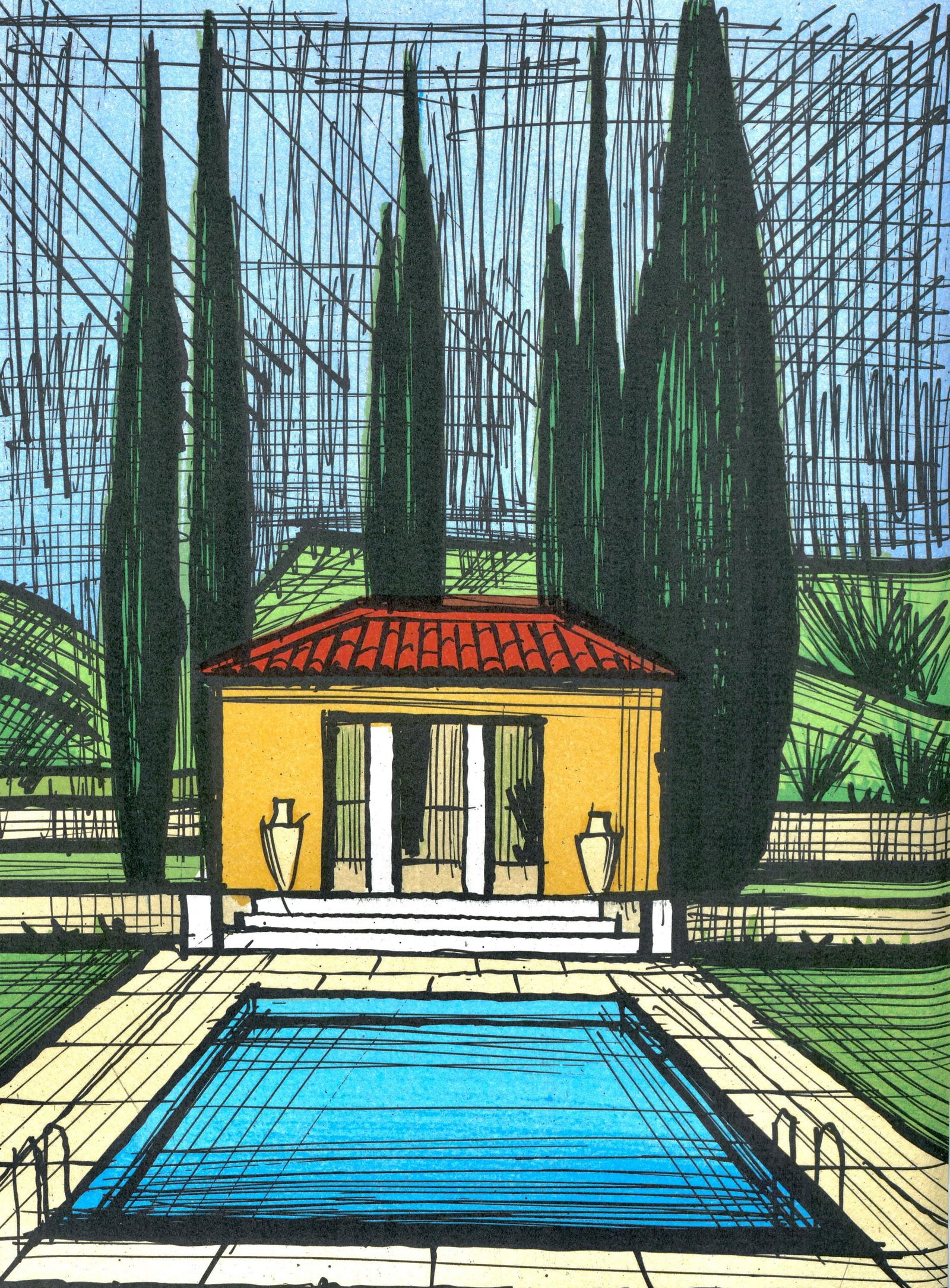 Bernard Buffet, The Swimming Pool, from Lithographs II, Limited Edition Lithograph, 1987: This exquisite lithograph by Bernard Buffet (1928-1999), titled La piscine (The Swimming Pool), originates from the 1987 album Bernard Buffet, Lithographe II (Bernard Buffet, Lithographer II),