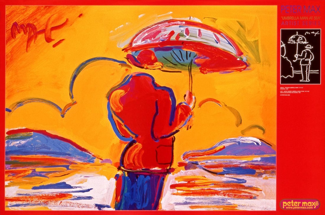Peter Max, Umbrella Man at Sea, 2000, Hand Signed, Official Edition Offset Lithograph: Offset lithograph in colors on gloss archival paper. Paper size: 24 x 36 inches. Inscription: Hand signed by Peter Max in ink and unnumbered, as issued. Condition: Excellent. Notes: Published and prin