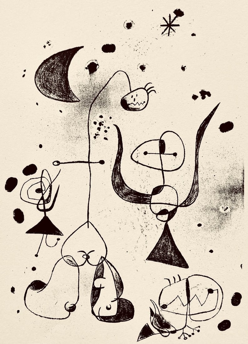 Joan Miro, Composition, The Prints of Joan Miro, Limited Edition Etching: Etching on velin paper. Inscription: Unsigned and unnumbered, as issued. Paper Size: 11 x 8.5 inches. Excellent condition. Notes: From the folio, The Prints of Joan Miro, Fall, 1947. Published by Curt