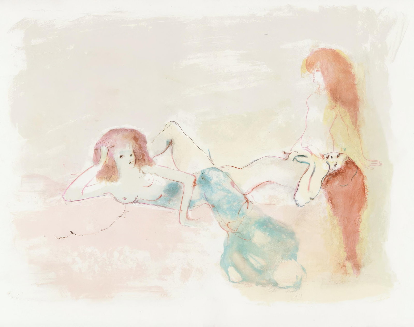 Leonor Fini, Composition, Parallelement, Limited Edition Lithograph, 1969: Lithograph on grand velin d'Arches paper. Paper size: 15.94 x 23.22 inches. Inscription: Unsigned and unnumbered, as issued. Condition: Very good/excellent, consistent with age, with centerfold, as