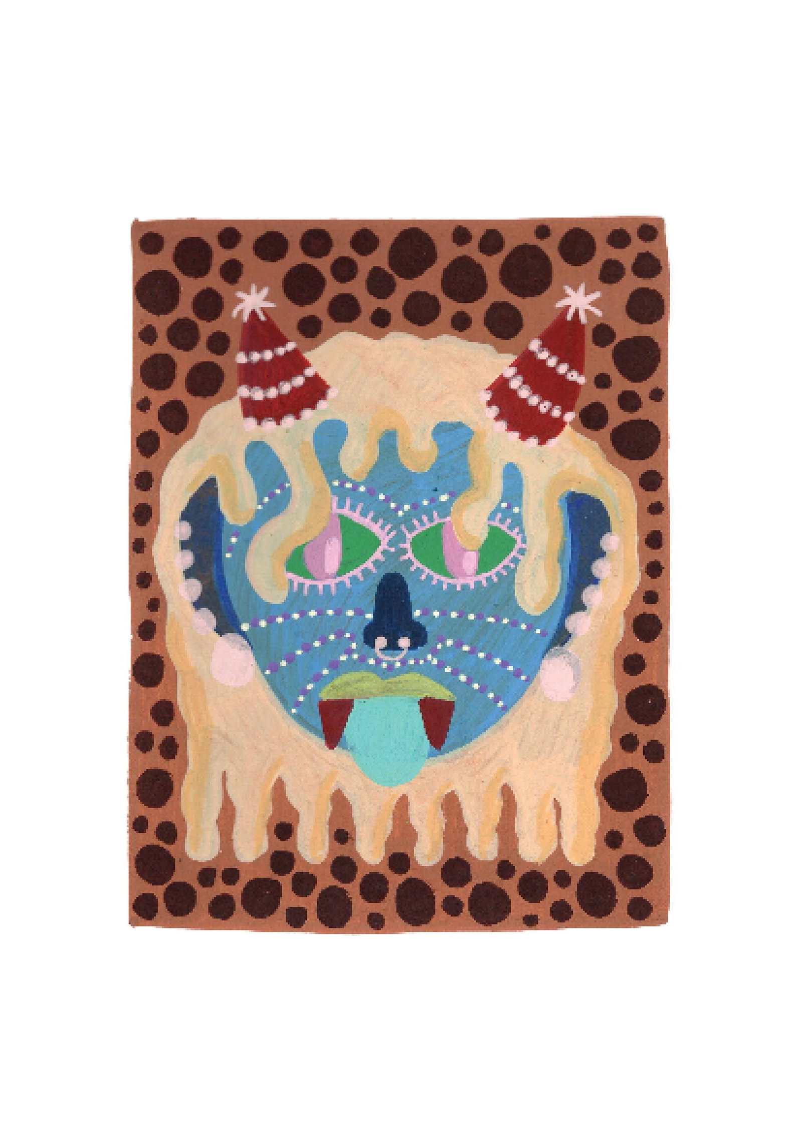 Evil Eye Mask 18: Inspired by the South Indian Drishti Bommai mask; a protective talisman traditionally represented as a doll; this artwork draws from a visual language widely seen across South India. These figures are